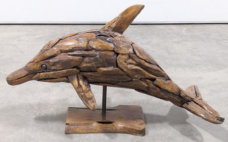 3.5ft Long Teak Wood Dolphin Sculpture