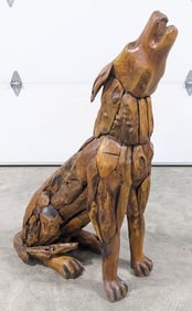 4ft Teak Wood Howling Dog / Wolf Sculpture