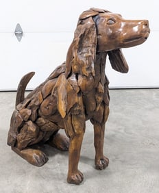 3.5ft Teak Wood Sitting Dog Sculpture