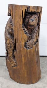 Carved Wood Bear Cub In a Log Sculpture