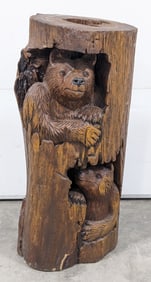 Carved Wood Bear Cubs In a Log Sculpture
