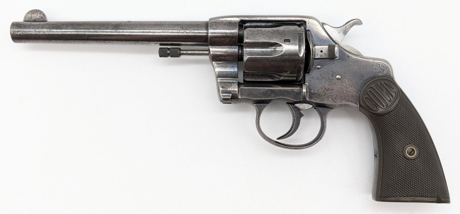 Colt New Army Double Action .41 Long Colt Revolver: Manufacturer: Colt.Model: New Army.Type: Revolver. Caliber/Gauge: .41 LC. Barrel: 6 inch. Choke: . Finish: Blued. Grip: Hard Rubber. Stock: . Condition: Fair aged condition with scattered pitting and 