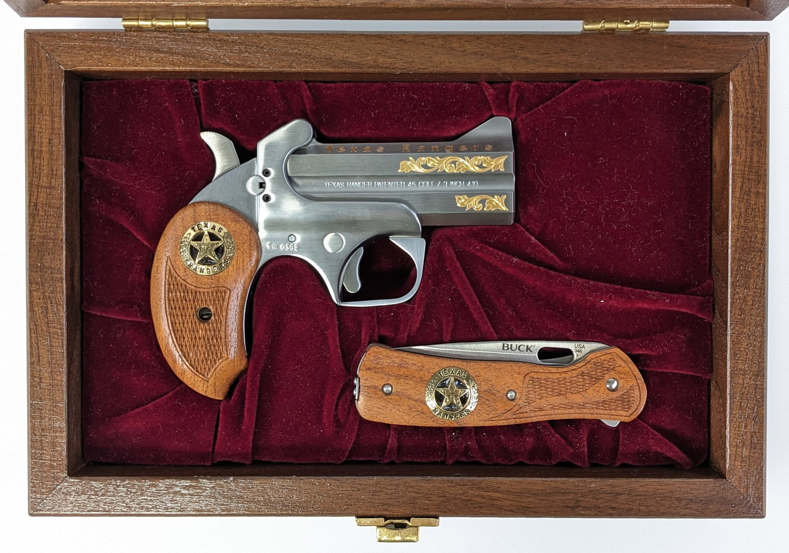 Bond Arms Texas Rangers 200th Anniversary .45 Colt / .410 Ga Derringer w/ Display: Manufacturer: Bond Arms.Model: Texas Ranger.Type: Derringer. Caliber/Gauge: .45 Colt / .410 Ga. Barrel: 3-1/2 inch. Choke: . Finish: Stainless Steel. Grip: Wood. Stock: . Condition: New. FFL Transfer: