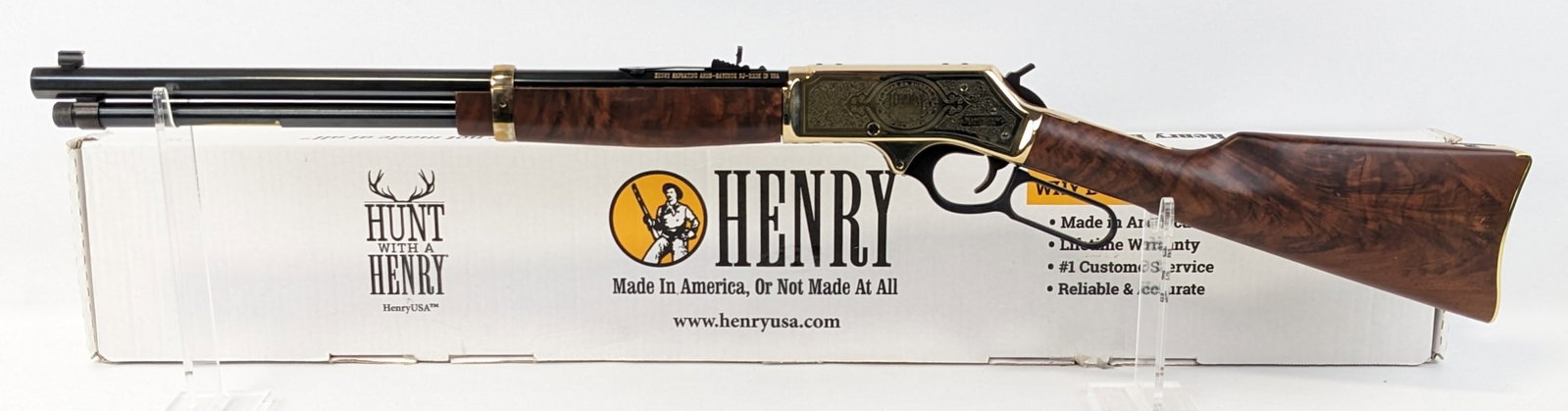 2020 Henry Washington Collection Exhibition Edition .30-30 Lever Action Rifle w/ Box: Manufacturer: Henry Repeating Arms Co..Model: H009B.Type: Rifle. Caliber/Gauge: .30-30 Win. Barrel: 20 inch Octagon. Choke: . Finish: Brass & Blued. Grip: . Stock: Exhibition Black Walnut. Condition: 