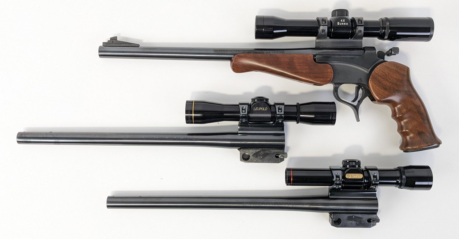 Thompson Center Arms Encore .22 Hornet, .270 Rem, & .22-250 Rem Single Shot Pistol: Manufacturer: Thompson Center Arms.Model: Encore.Type: Pistol. Caliber/Gauge: .22 Hornet. Barrel: 15 inch. Choke: . Finish: Blued. Grip: Wood. Stock: . Condition: Very nice with light wear from use an