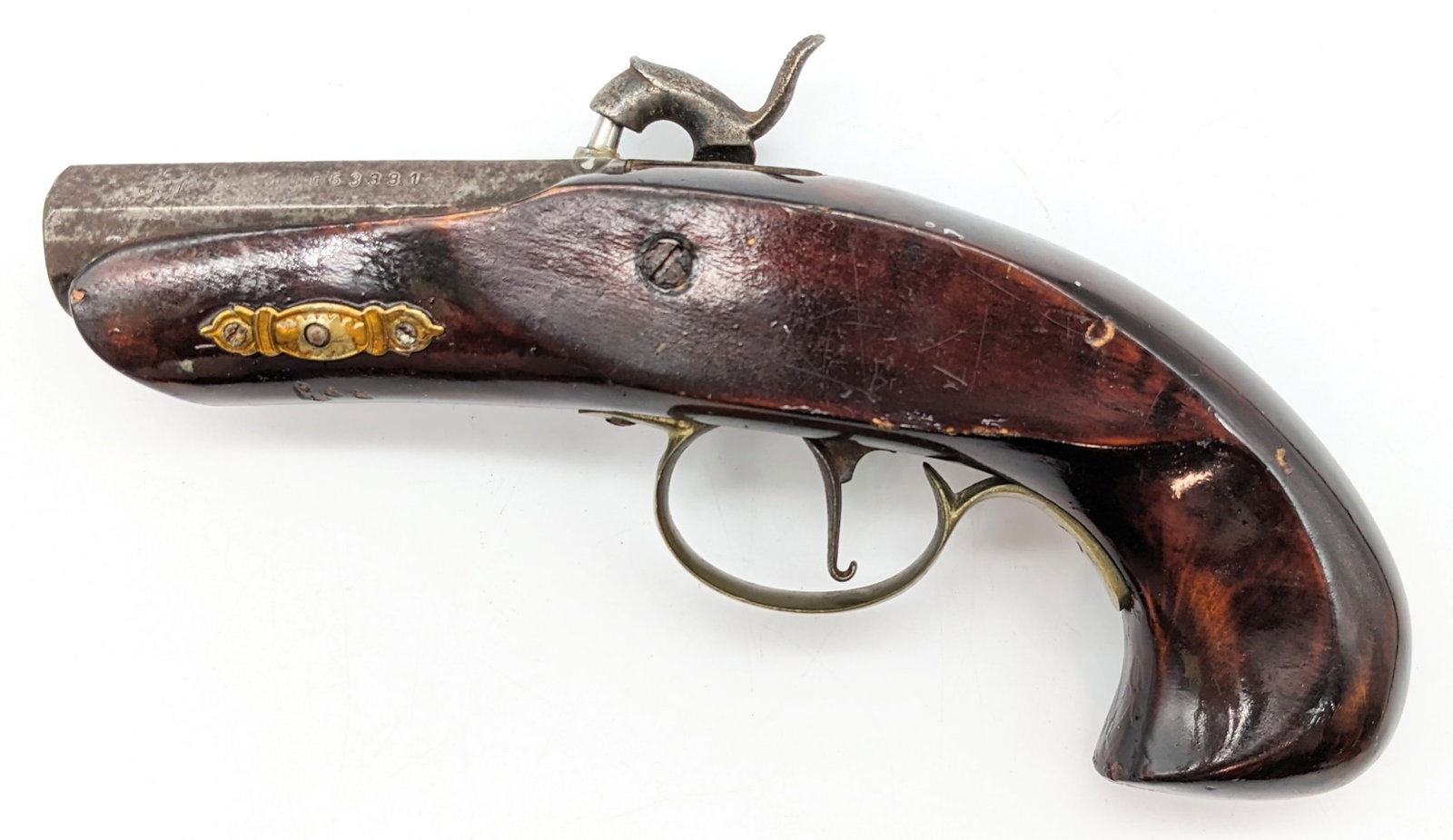 Jukar Derringer Philadelphia .45 Cal Black Powder Pistol: Manufacturer: Jukar.Model: Derringer Philadelphia .Type: Pistol. Caliber/Gauge: .45 Cal. Barrel: 3 inch. Choke: . Finish: Blued. Grip: Wood. Stock: . Condition: Fair with scattered scuffs and finish w