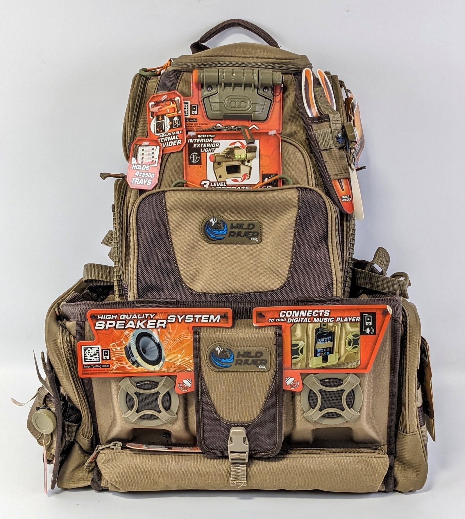 New Wild River Fishing Backpack & Carry Bag Combo: The carry bag features a built in speaker system, and the backpack has a built in flip up LED light. Both pieces are in new condition.