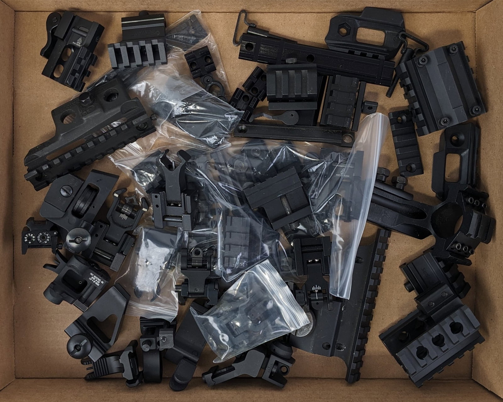 Lot of Picatinny Rail Mounts & Iron Sights: Includes picatinny scope mounts, angled mounts, quad mounts, and flip up and fixed iron sights.