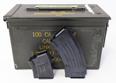 (5) Steel AK-47 7.62 x 39mm 20 Rnd Magazines w/ Ammo Can