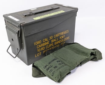 840 Rnd Surplus .30 Carbine Cartridges on Stripper Clips w/ Ammo Can