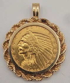 1915-S U.S. $5 Indian Head Gold Coin In 14K Gold Pendant Bezel
