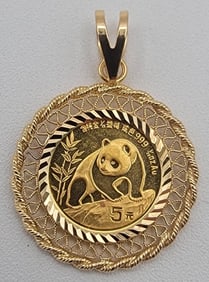 1990 China 1/20th Ounce Panda Gold Coin In 14K Gold Pendant Bezel