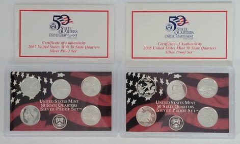 2007 & 2008 United States 50 State Quarters Silver Proof Sets