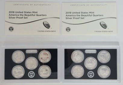2018 & 2019 United States America The Beautiful Quarters Silver Proof Sets