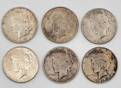 Lot Of Six United States Silver Peace Dollars