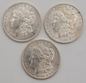 (3) 1904-O Uncirculated United States Morgan Silver Dollars