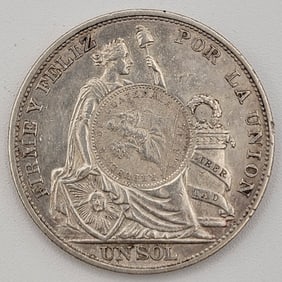 1894 Peru Silver Un Sol Coin With 1894 Guatemala 1/2 Real Counter Stamp
