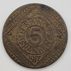 1917 Ghent Belgium 5 Francs WW1 German Occupation Coin