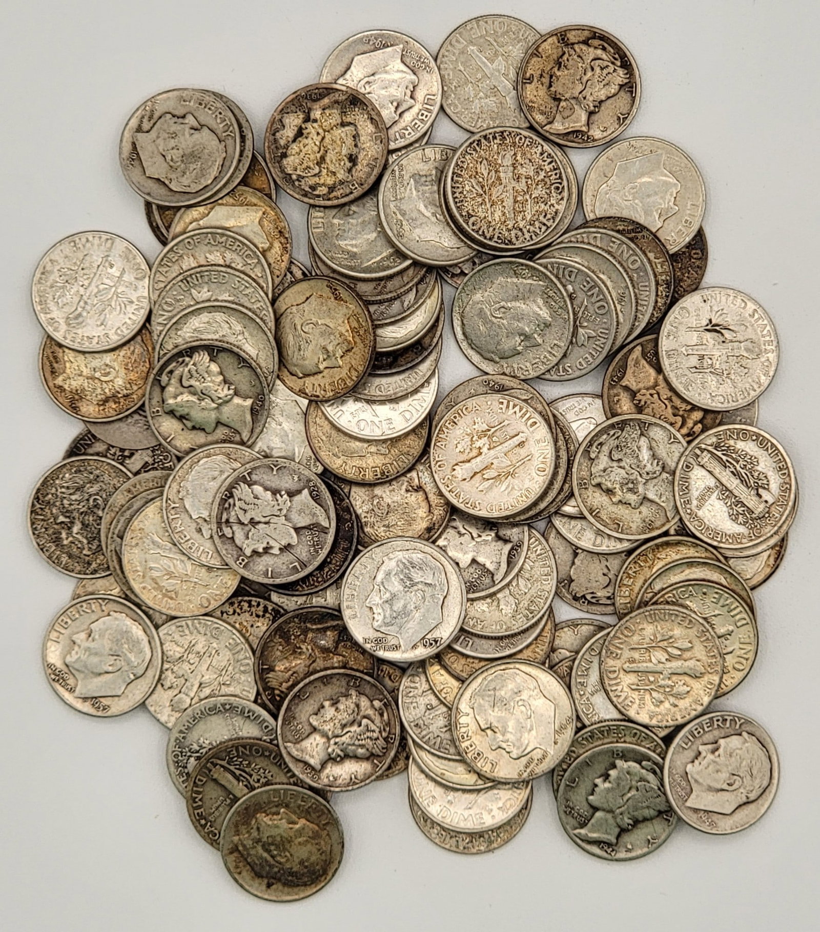 $10 Face Value Of 90% Silver Mercury & Roosevelt Dimes: Mix of conditions, dates and mint marks.