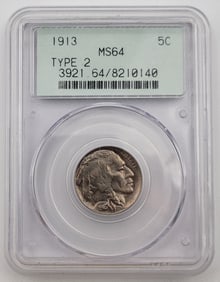 1913 Type 2 Buffalo Nickel PCGS MS 64 Doily Label