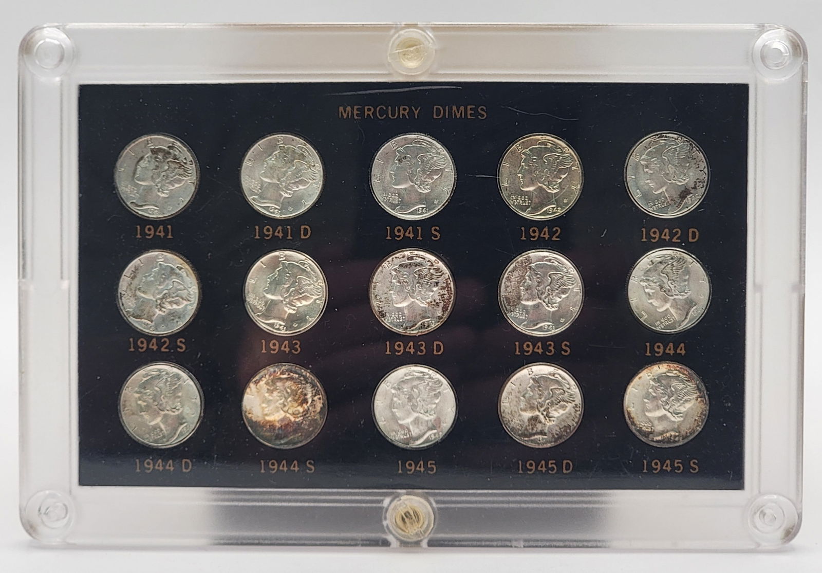 15 Pc. "U.S. WWII 1941-45" Uncirculated Mercury Silver Dime Set: The set includes 1941 through 1945 BU Mercury Silver Dimes from all three mints. Nice set in a a plastic holder.
