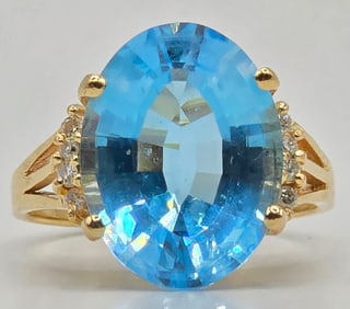 14K Yellow Gold Blue Topaz & Diamond Statement Ring