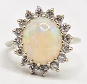 Ladies 14K White Gold Opal & White Sapphire Ring