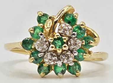 Ladies 14K Yellow Emerald & Diamond Flower Ring