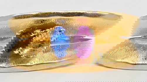 Ladies 14K Yellow Gold Pink & Blue Sapphire Cocktail Ring