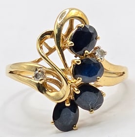 Ladies 10K Yellow Gold Blue Sapphire & Diamond Cocktail Ring