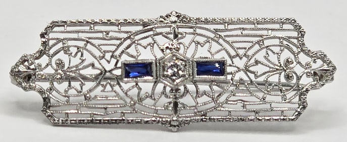Antique 10K White Gold Art Deco Diamond & Sapphire Filigree Bar Pin