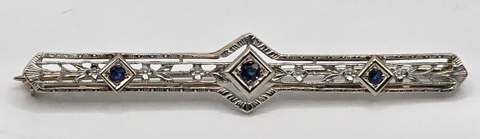 Antique 14K White Gold Art Deco Sapphire Filigree Bar Pin
