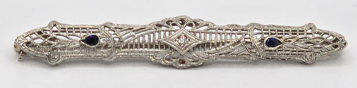 Antique 14K White & Yellow Gold Art Deco Diamond & Sapphire Filigree Bar Pin