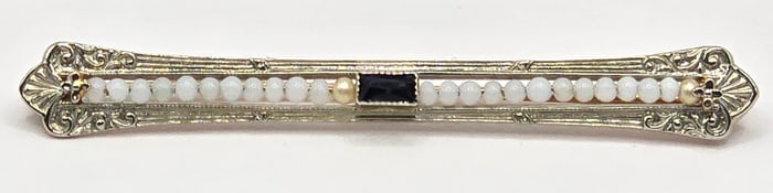 Antique 10K White & Yellow Gold Art Deco Seed Pearl & Sapphire Filigree Bar Pin