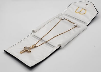 14K Yellow Gold Pave Diamond Cross Pendant With 14K Gold Rope Chain