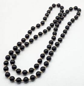 Ladies 14K Yellow Gold & Black Onyx Beaded Necklace