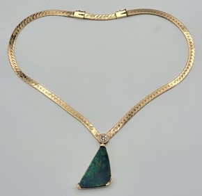 Ladies 14K Yellow Gold Australian Opal & Diamond Necklace