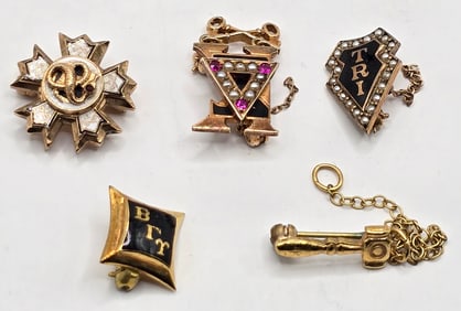 Mixed Lot Of Five 10K Yellow Gold Fraternity Pins