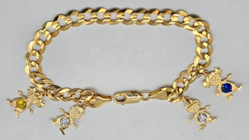14K Yellow Gold Cuban Link Bracelet With Four Children Charms