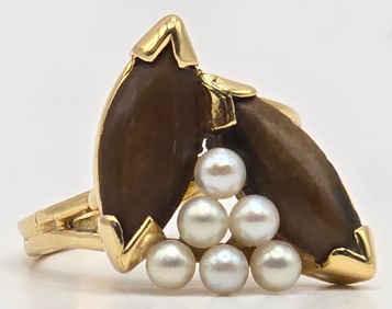 Ladies Vintage 14K Yellow Gold Pearl & Cabochon Ring