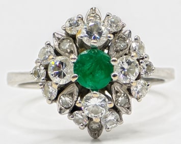 Ladies 18K White Gold Diamond & Emerald Dinner Ring