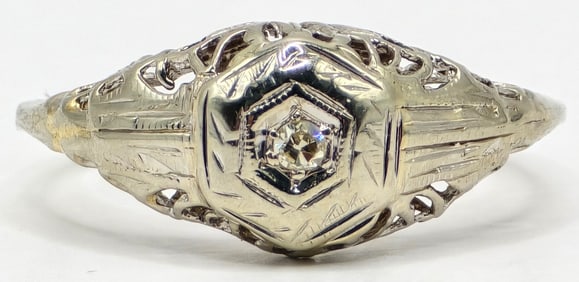 Antique Art Deco 14K White Gold White Sapphire Filigree Ring