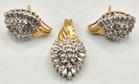 10K Yellow Gold Diamond Cluster Earrings With Matching Pendant