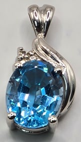 14K White Gold Blue Topaz & Diamond Pendant