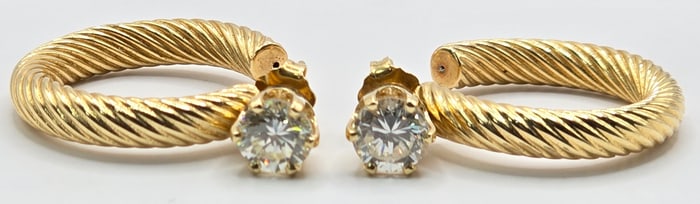 14K Yellow Gold 2 Carat Diamond Stud Earrings With Hoop Jackets