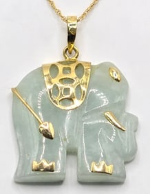10K Yellow Gold Jade Elephant Pendant And Chain