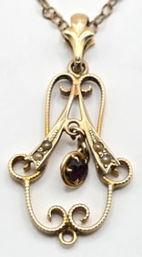 Antique 10K Yellow Gold Seed Pearl & Garnet Pendant With Gold Filled Chain