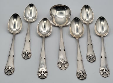 Antique Danish Seven Piece .830 Fine Silver Demitasse & Sugar Spoon Set