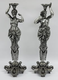 Antique Nicholas Mullers & Sons Art Nouveau God & Goddess Silver Plated Candlesticks