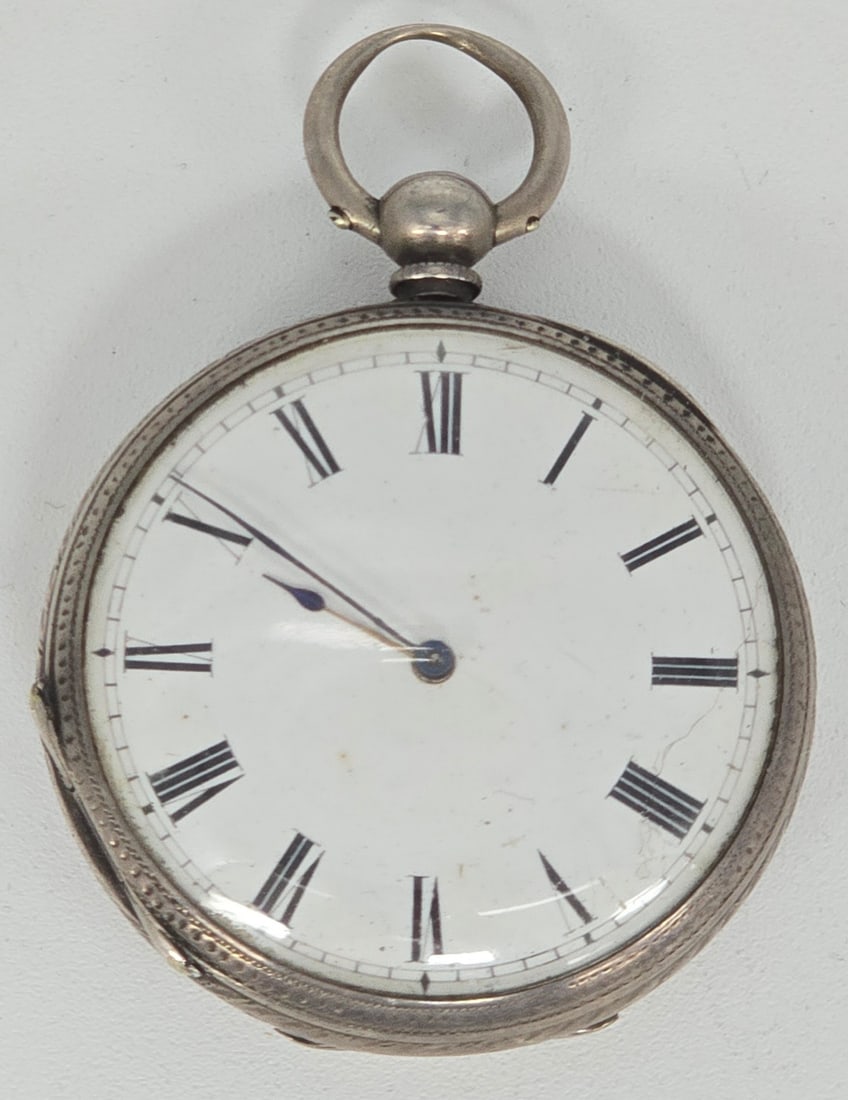 Antique English Sterling Silver Pocket Watch: Antique English Sterling Silver cased open face pocket watch. The key wind watch is in good condition and comes with a sterling outer case, unsigned. The watch is missing the key and is untested. Over